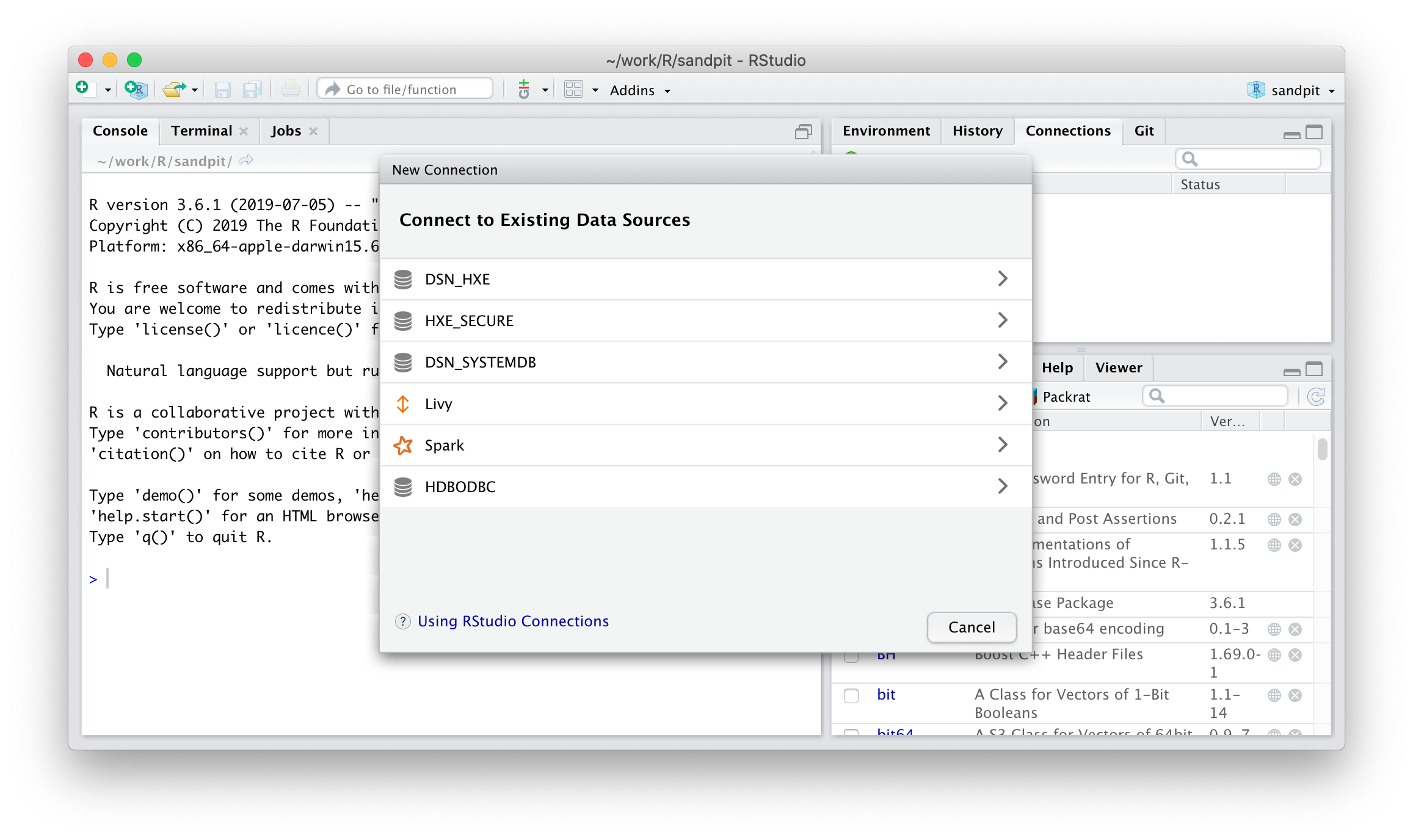 RStudio DB connection dialog showing ODBC DSNs including the new DSN
