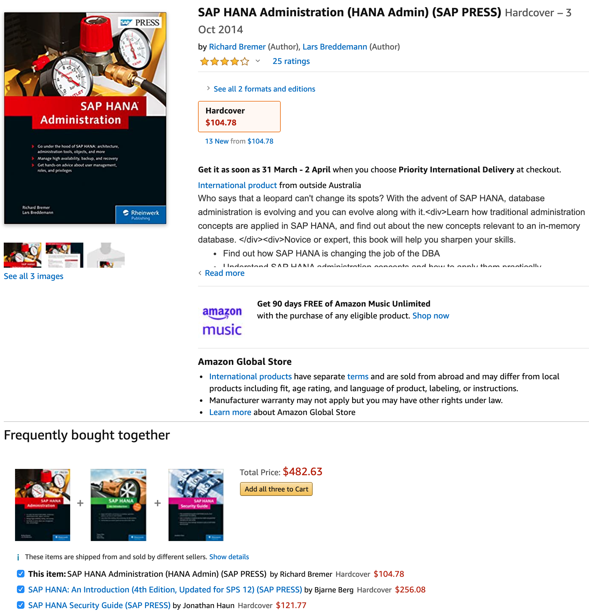 Screenshot of 'Frequently bought together' section for SAP HANA Administration book on Amazon.
