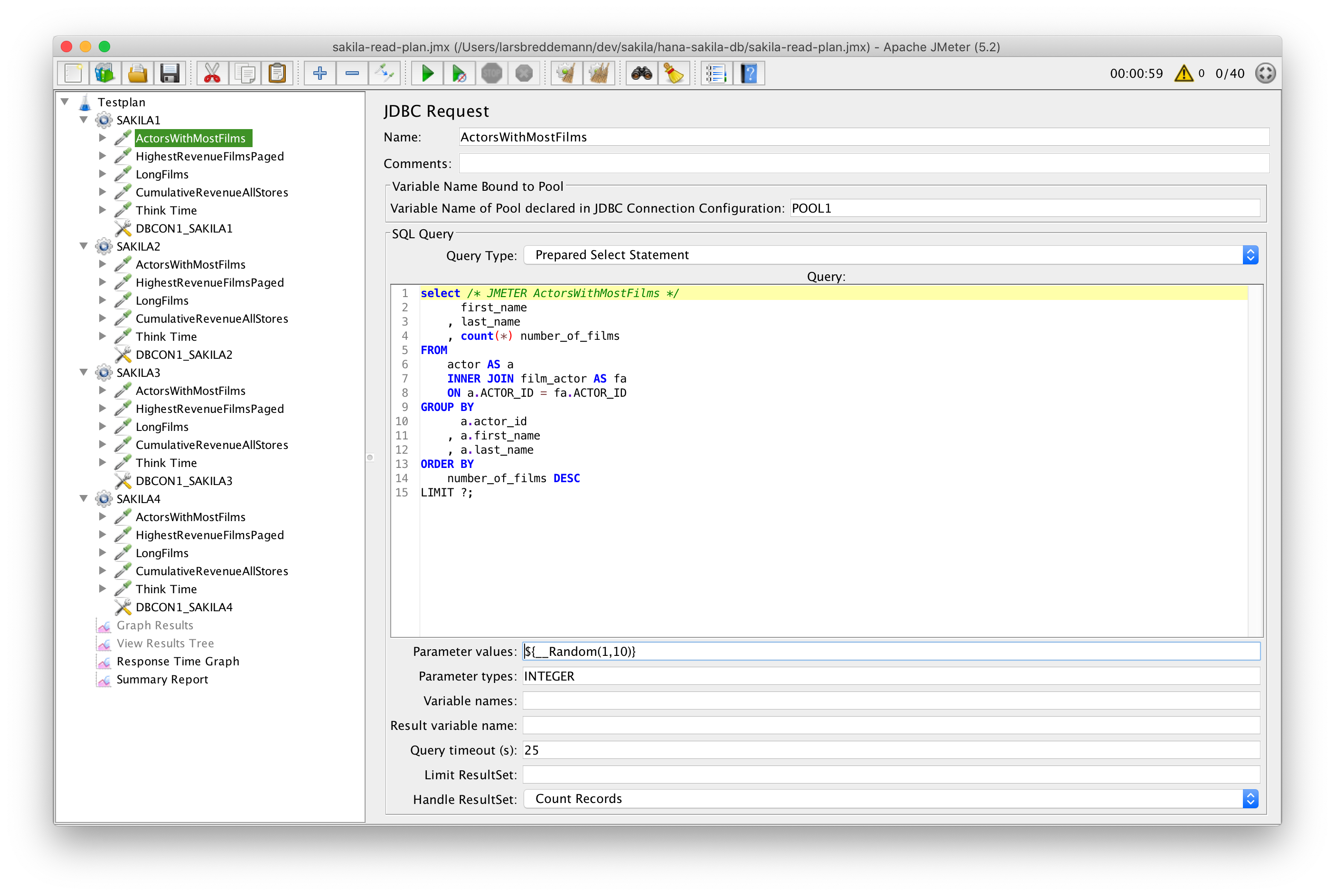 A very simple JMeter test plan setup to run DB queries.
